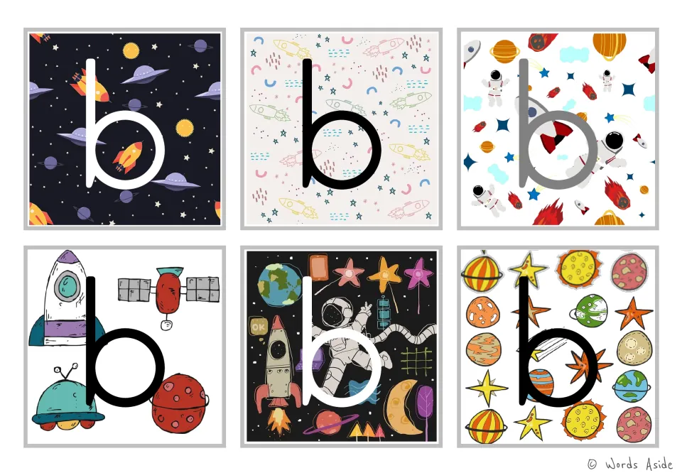 Letter b cards: six color cards show a tall lowercase b over space scenes with rockets, UFOs, astronauts and planets