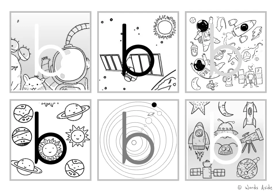 Letter b in black and white: six cards place lowercase b over sketched astronauts, a satellite, a sun and orbit rings