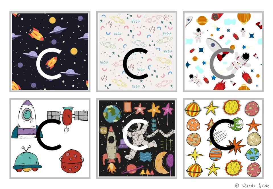 Letter c cards: six color cards feature lowercase c in white, black or gray over rockets, stars, planets and an astronaut