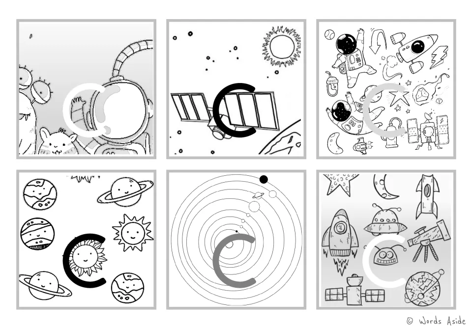 Letter c in black and white: six cards show lowercase c over drawn space doodles, a satellite, smiling sun and orbits