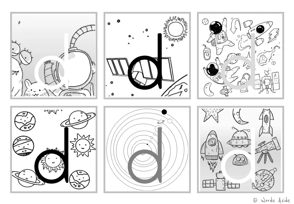 Letter d in black and white: six cards set lowercase d over outlined astronauts, a satellite, planets and a rocket