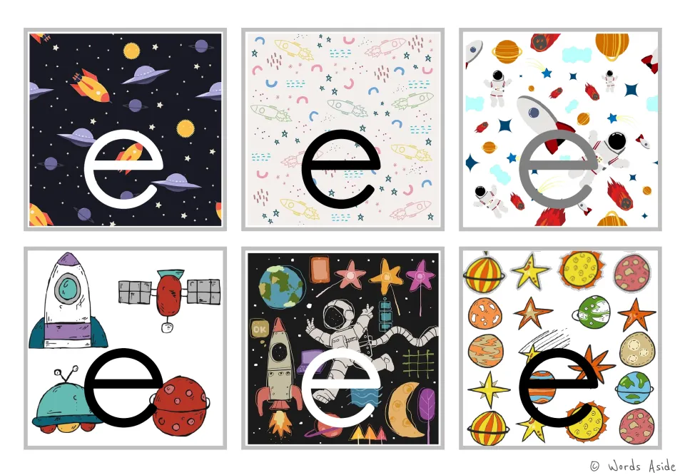 Letter e cards: six color cards present lowercase e in white, black or gray against rockets, astronauts, stars and planets