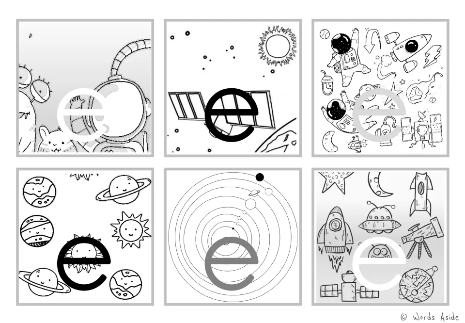 Letter e in black and white: six cards show lowercase e over a sketched astronaut, satellite, smiling sun and orbits