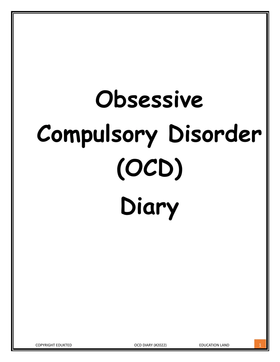 Cover titled Obsessive Compulsory Disorder (OCD) Diary, a printable log for tracking obsessions and compulsions