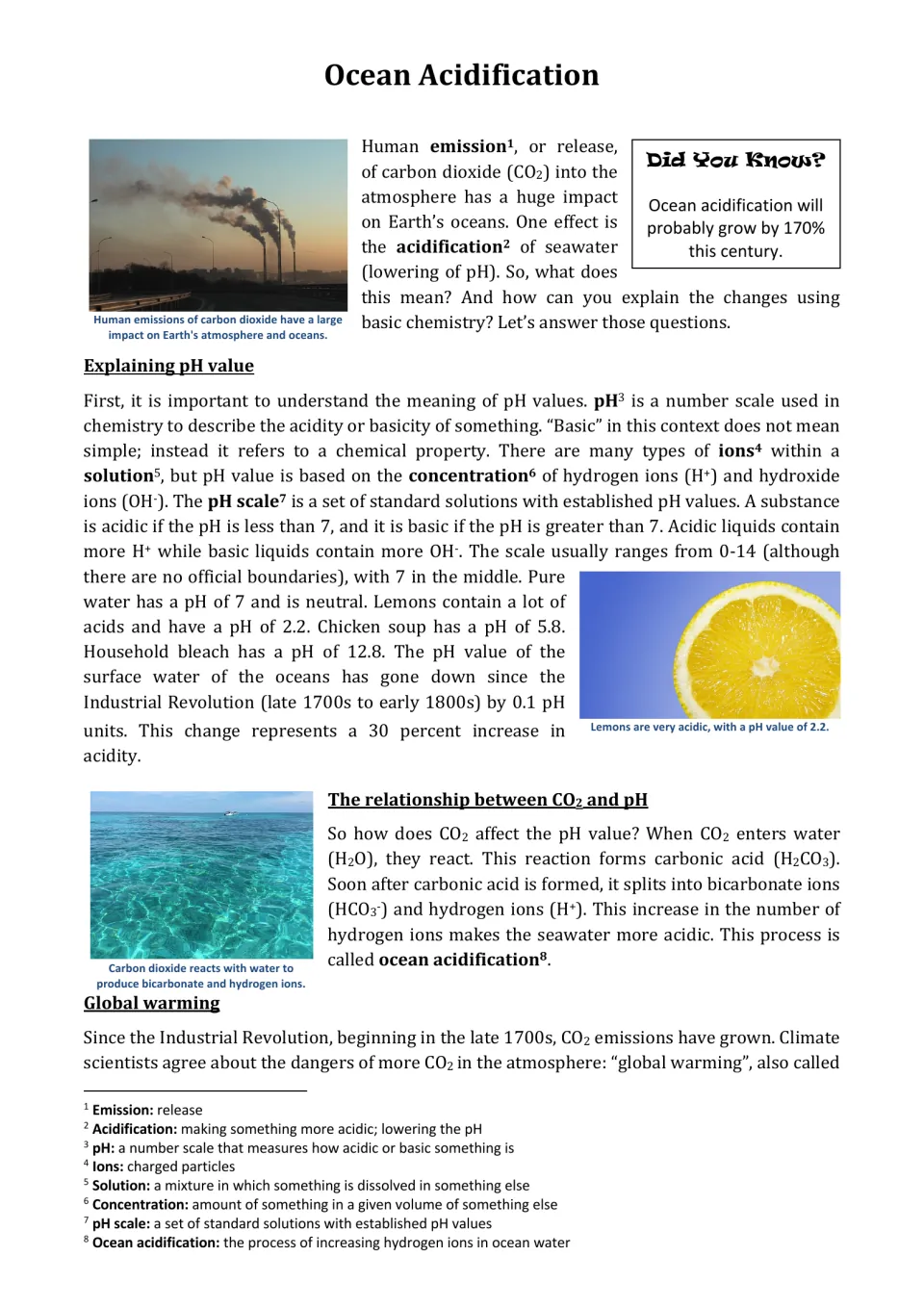 Ocean acidification article explaining pH values, acids and bases, and how CO2 reacts with seawater, plus a glossary