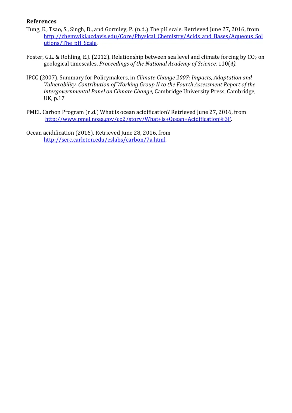 References list citing the five sources behind the article, including IPCC 2007, NOAA PMEL and a pH scale chemistry page