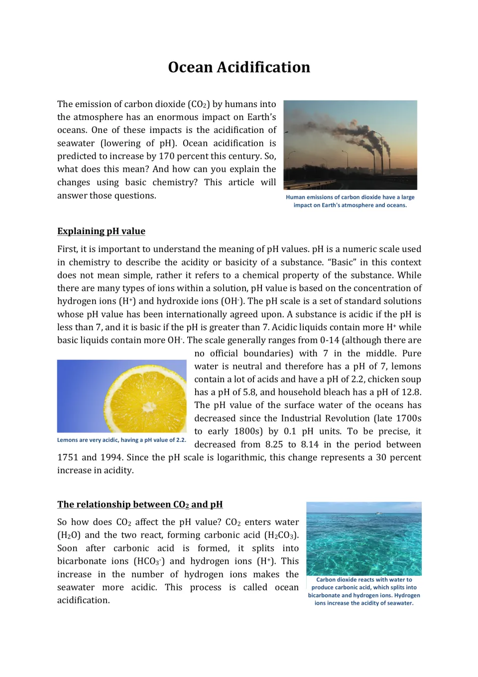Ocean acidification article opener: students read how pH works and how CO2 reacts with seawater to form carbonic acid