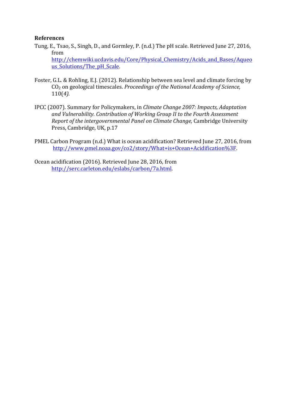 References list citing the sources behind the article, including IPCC 2007, NOAA PMEL and a pH scale chemistry page