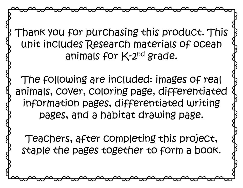 Teacher note listing contents: real animal photos, coloring page, reading and writing pages, habitat drawing page