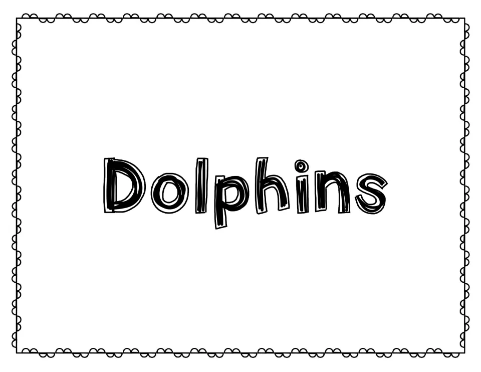 Dolphins title page in bold outline letters, opening the dolphin section of the ocean animal research unit