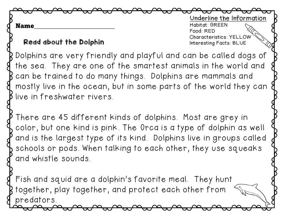 Dolphin reading passage: students underline habitat in green, food in red, traits in yellow and facts in blue