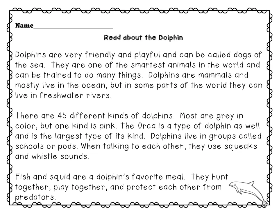 Read about the Dolphin: passage on dolphin pods, 45 kinds, squeaks and whistles, and a diet of fish and squid