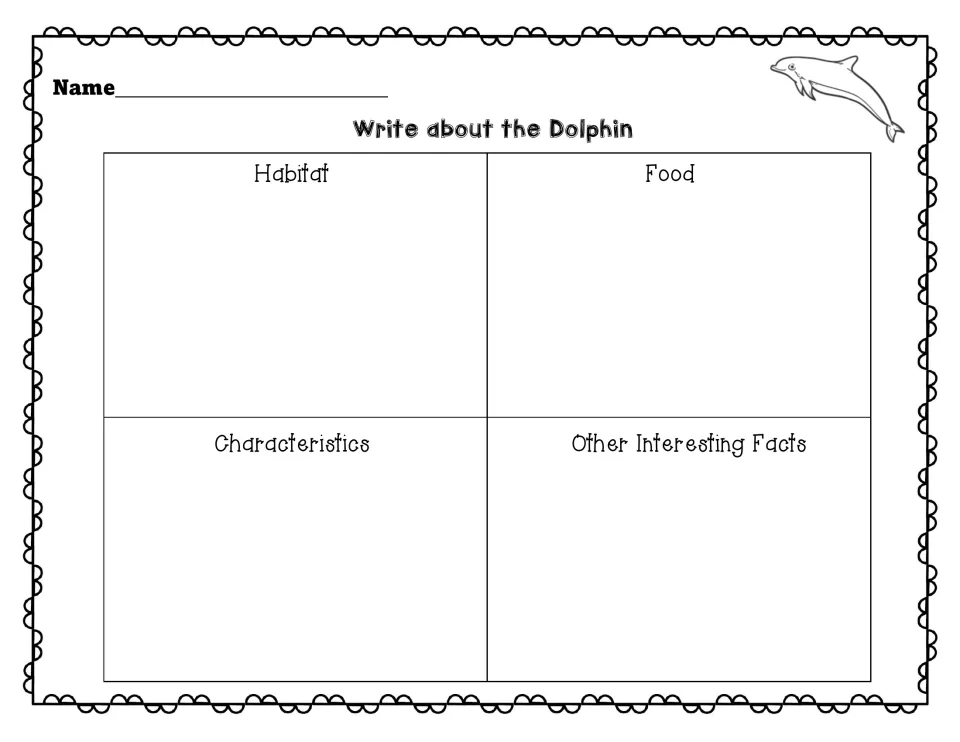 Dolphin note-taking organizer: students record habitat, food, characteristics and other details without color labels