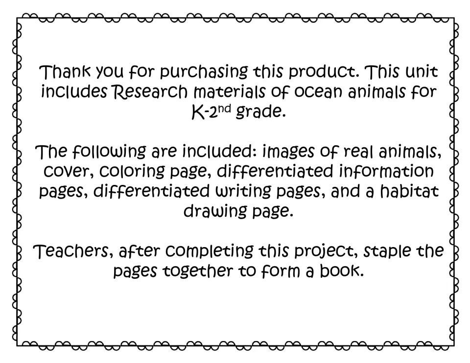 Teacher note listing the unit's parts: real animal images, cover, coloring, information, writing and habitat drawing pages