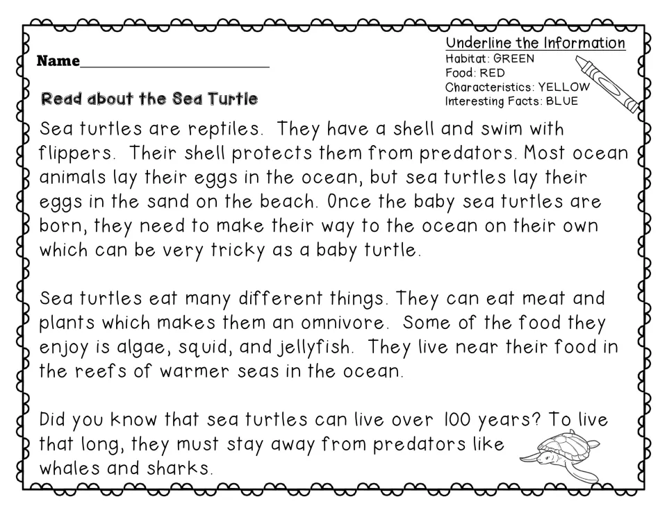 Read about the Sea Turtle passage; students underline habitat in green, food in red, traits in yellow and facts in blue