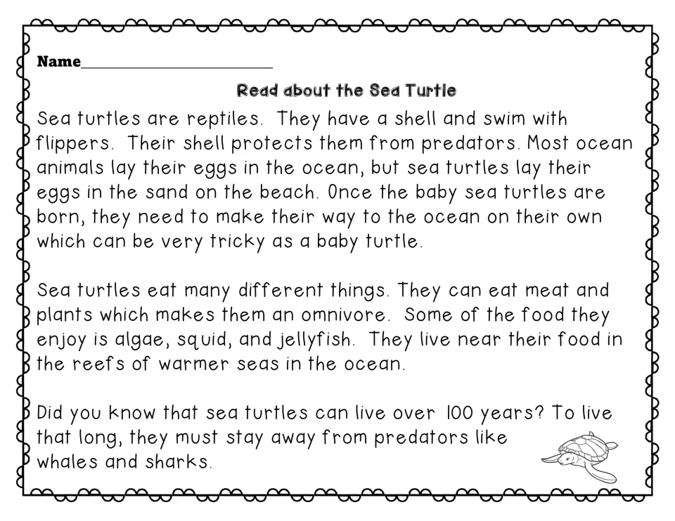 Read about the Sea Turtle: passage on its shell, eggs laid on the beach, algae, squid and jellyfish diet and 100-year life