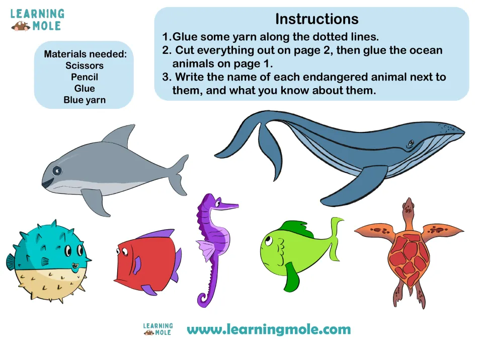 Cutout sheet for the ocean animal activity: seven animals, including a whale, dolphin, and seahorse.