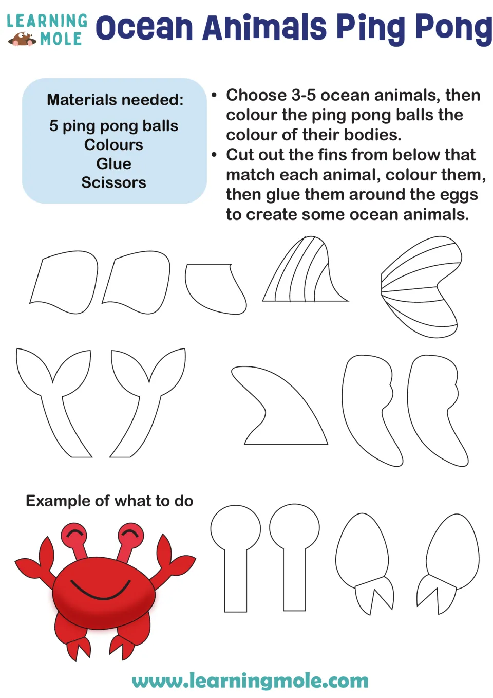 Ocean Animals Ping Pong craft: students colour ping pong balls, cut out fins, tails and claws, and glue them on