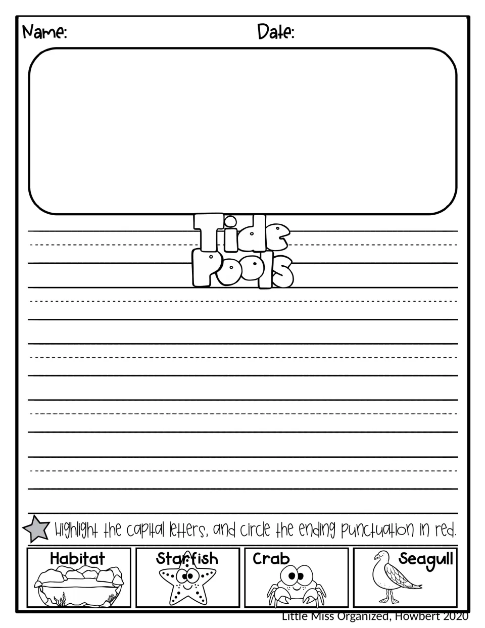 Tide pools journal page: students write facts, draw their own scene, highlight capitals and circle end punctuation in red