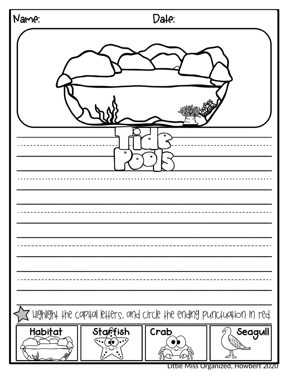 Tide pools journal page with a rocky pool outline to build on; students write facts on the habitat, starfish, crab or gull