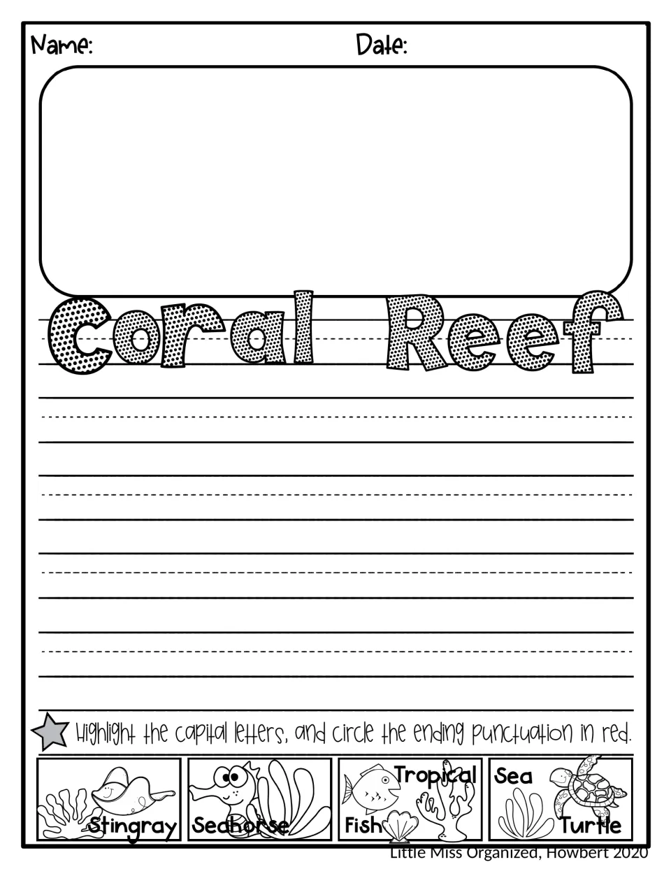Coral reef journal page: students write reef animal facts, draw their own reef picture and check capitals and punctuation