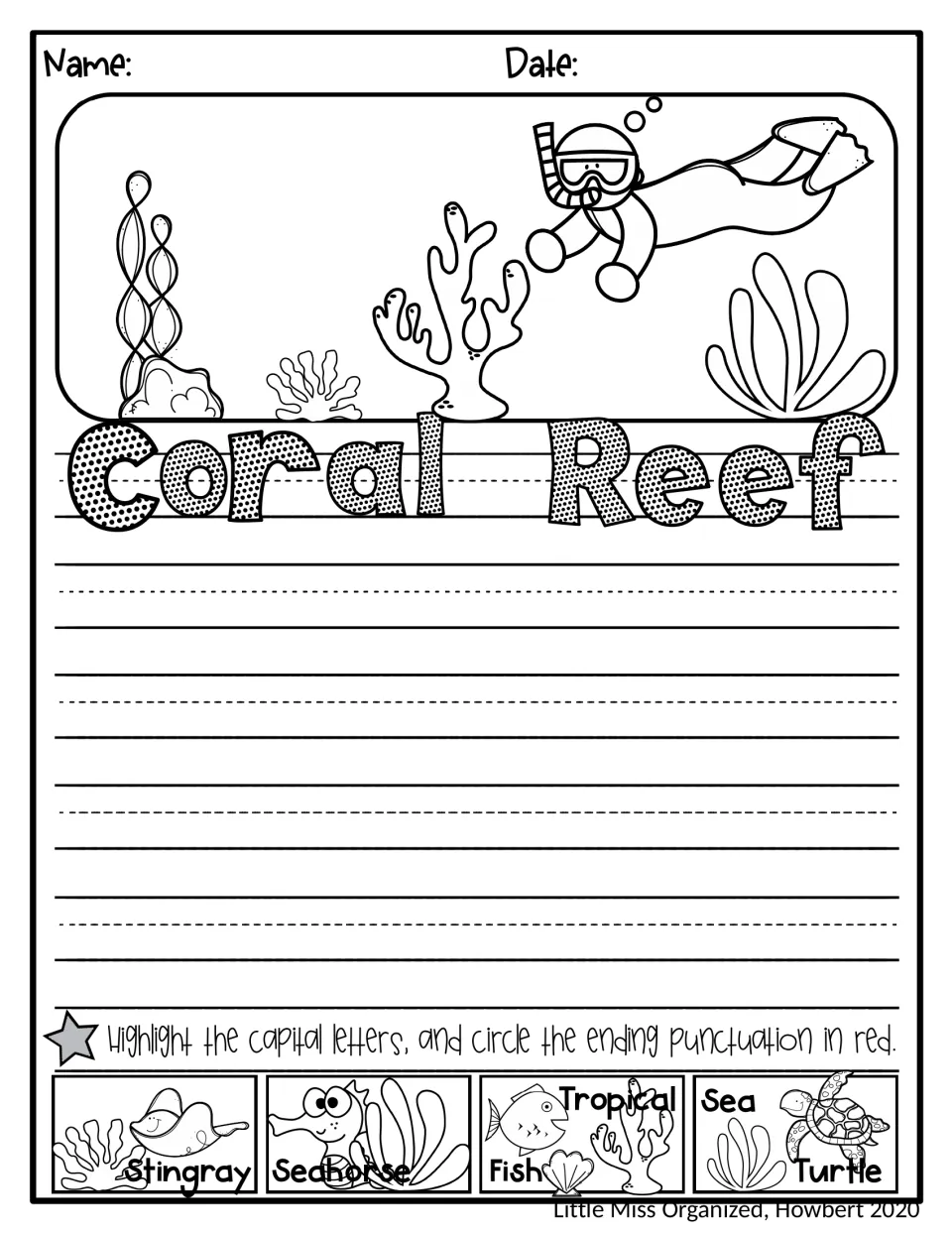 Coral reef journal page with a snorkeler and coral scene to add to; students write facts on stingrays, seahorses or turtles