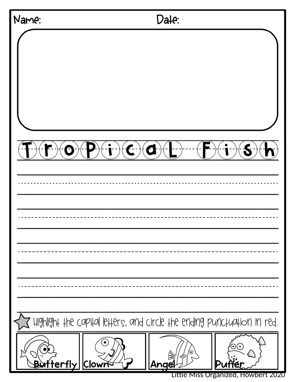 Tropical fish journal page: students write facts on butterfly, clown, angel or puffer fish, then draw and mark capitals