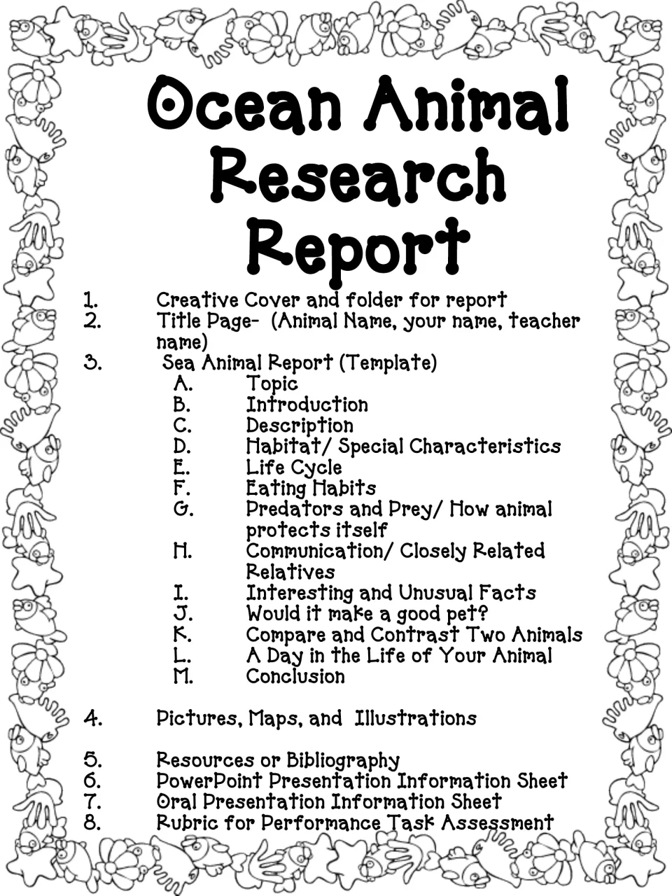 Project checklist listing 8 report parts and 13 template sections, from topic and habitat to a day in the life and conclusion