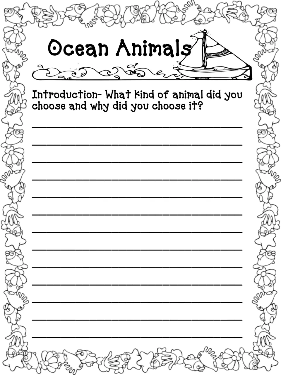 Introduction writing page: students name the ocean animal they chose and explain why they chose it on lined space