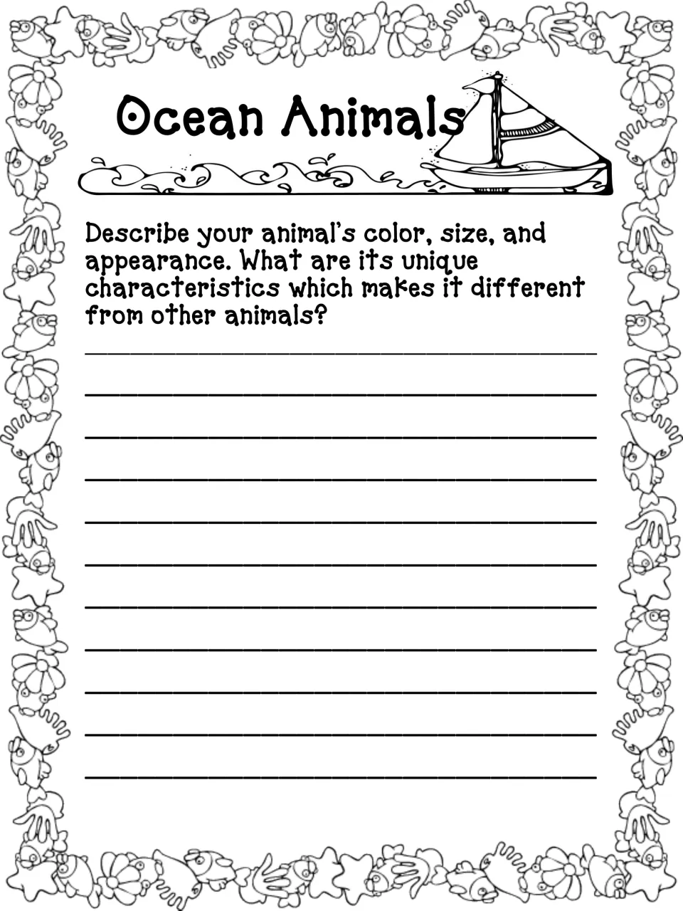 Animal description page: students write about their animal's color, size, appearance and what makes it unique