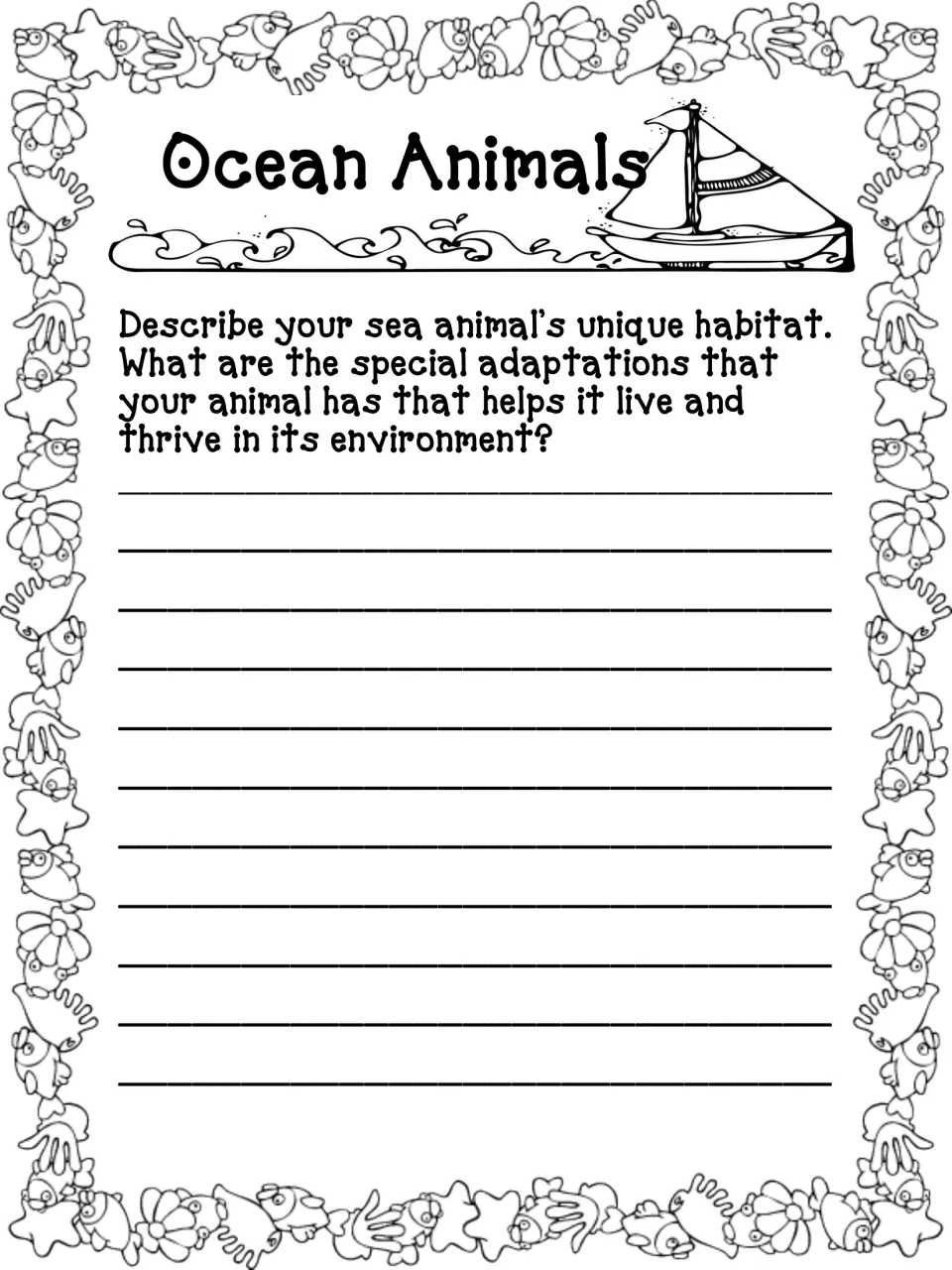 Habitat and adaptations page: students describe where their sea animal lives and how its adaptations help it thrive
