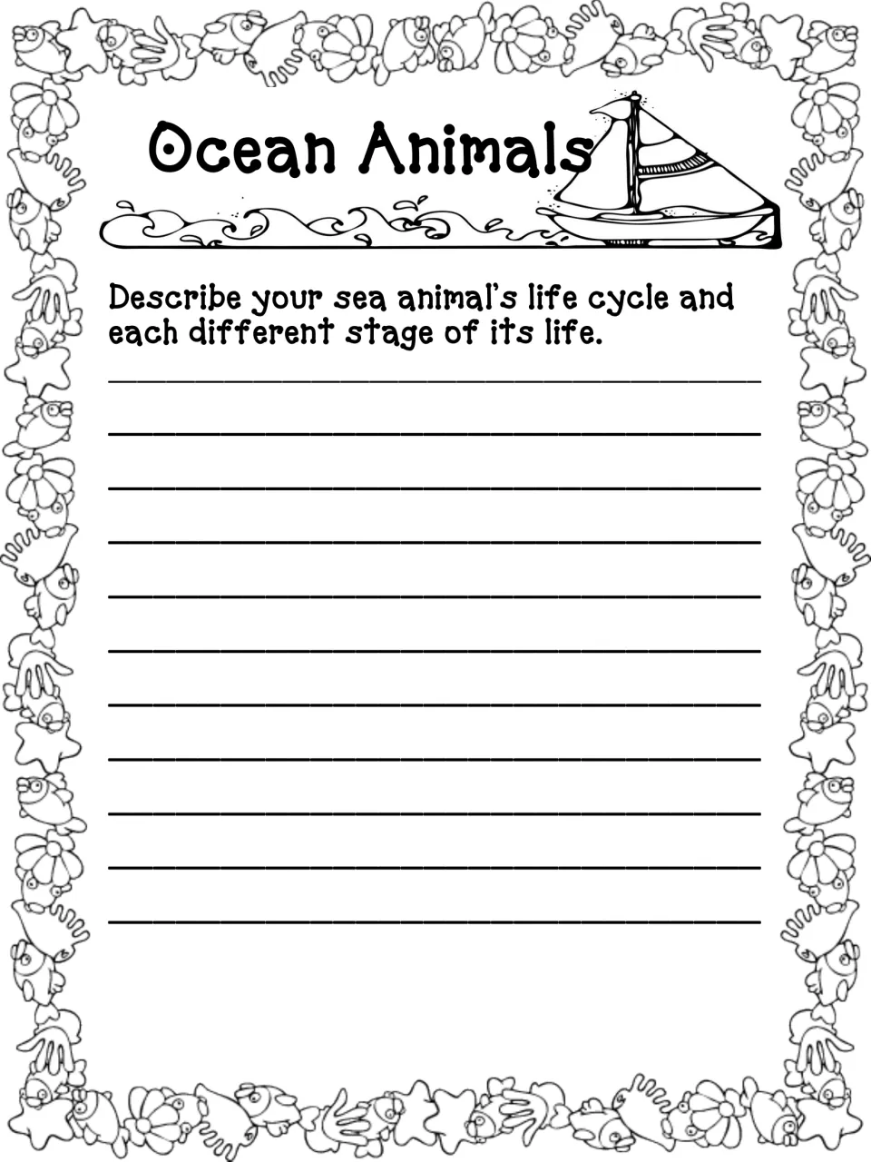 Life cycle writing page: students describe their sea animal's life cycle and each stage of its life