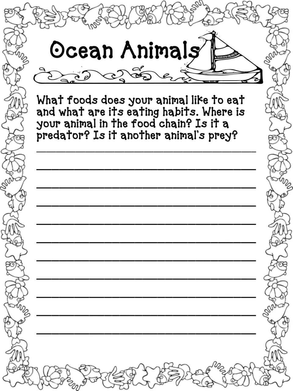 Eating habits page: students explain what their animal eats and its place in the food chain as predator or prey