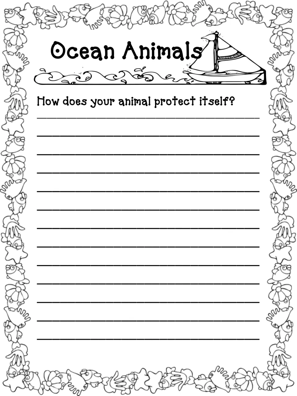 Animal defenses page: students answer the single question How does your animal protect itself? in a written response