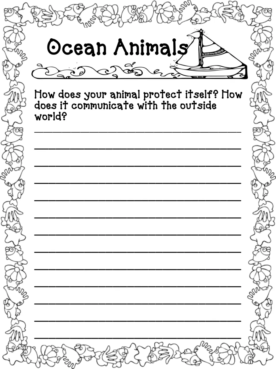 Defense and communication page: students explain how their animal protects itself and communicates with the world