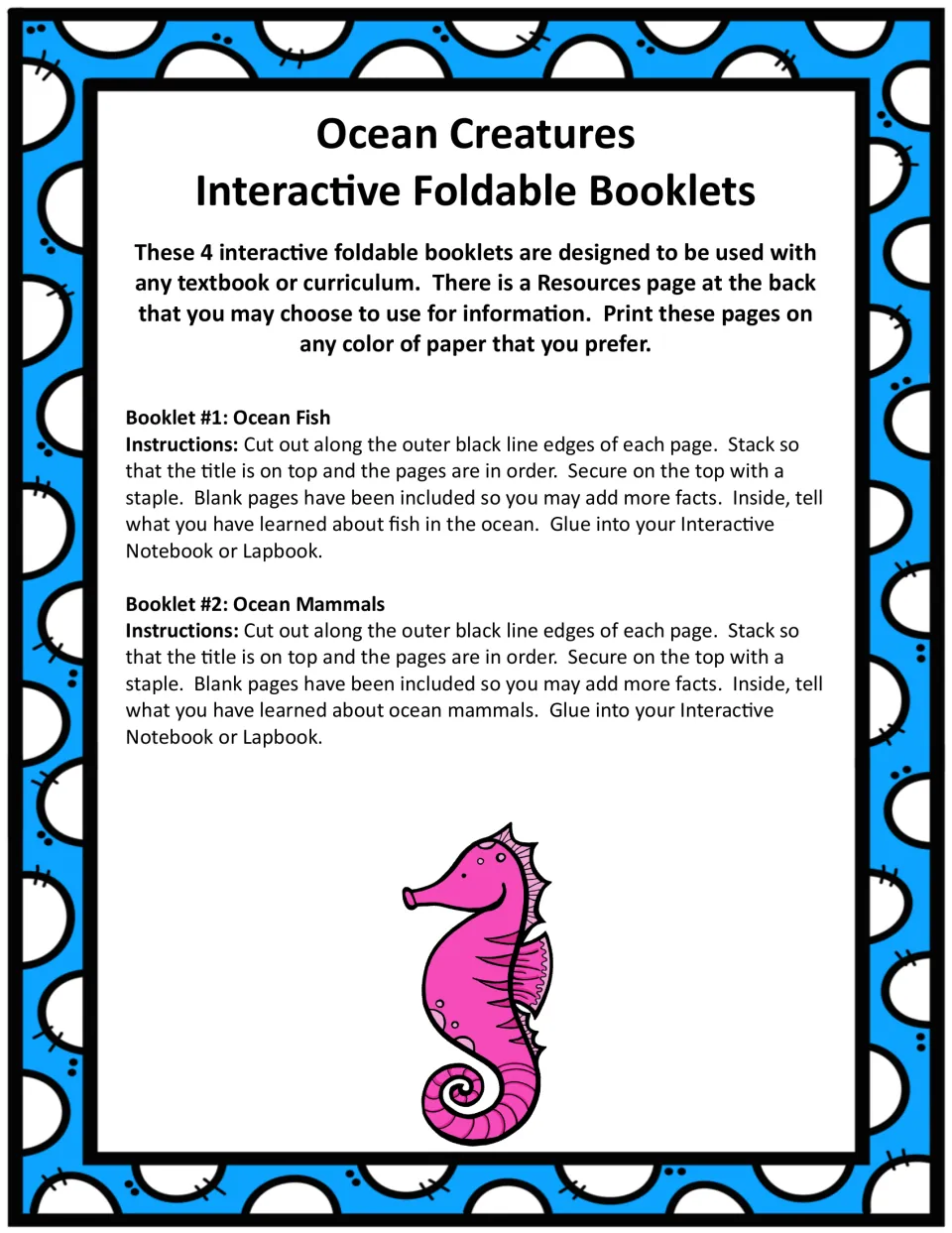Teacher directions for 4 ocean booklets: how to cut, stack and staple the Ocean Fish and Ocean Mammals flip books