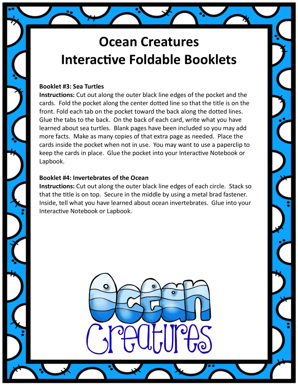 Assembly steps for the Sea Turtles pocket with fact cards and the Invertebrates of the Ocean circle booklet held by a brad