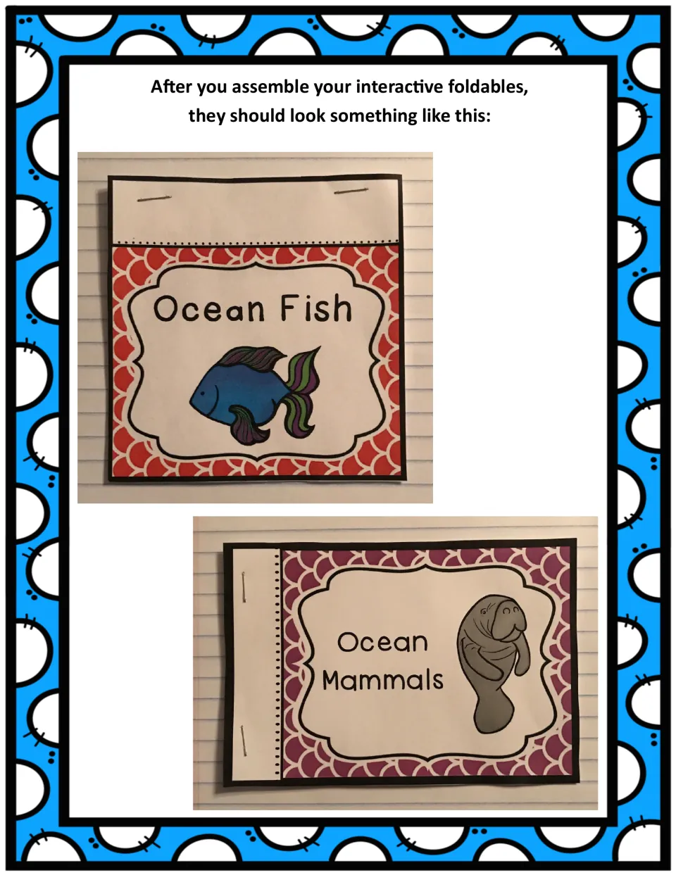 Finished Ocean Fish and Ocean Mammals flip books shown stapled into a notebook as photo examples of assembled booklets