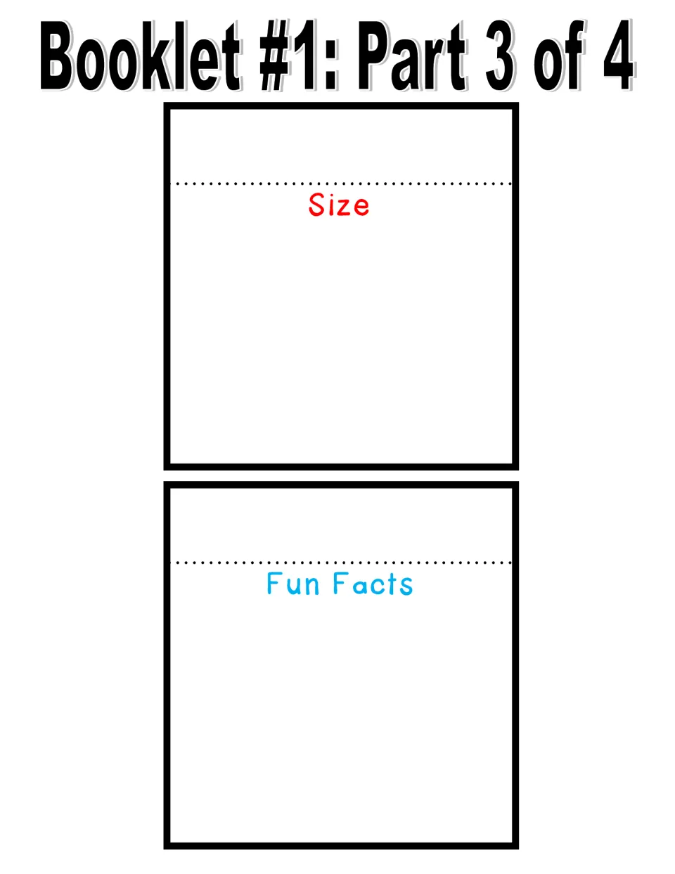 Ocean Fish flip book, part 3 of 4: cut-out pages headed Size and Fun Facts for students to fill with fish research notes