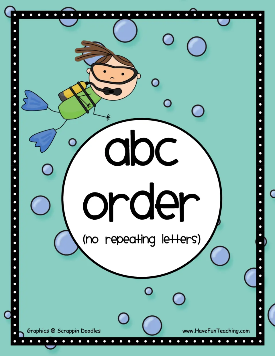 ABC order cover, no repeating letters, showing a cartoon scuba diver swimming among bubbles on an ocean-blue background
