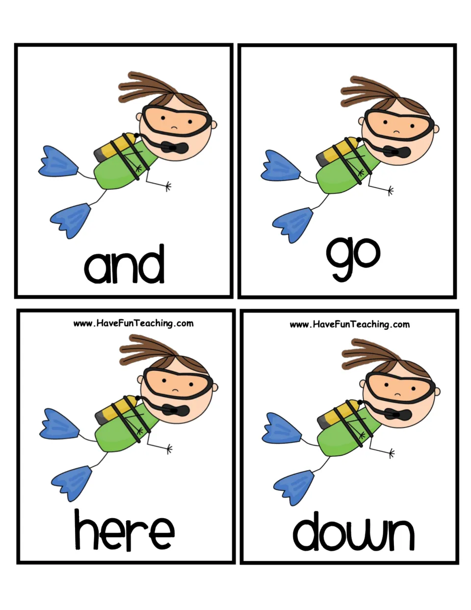 Scuba diver word cards for alphabetizing: and, go, here and down, each under a diver picture, to cut out and sort