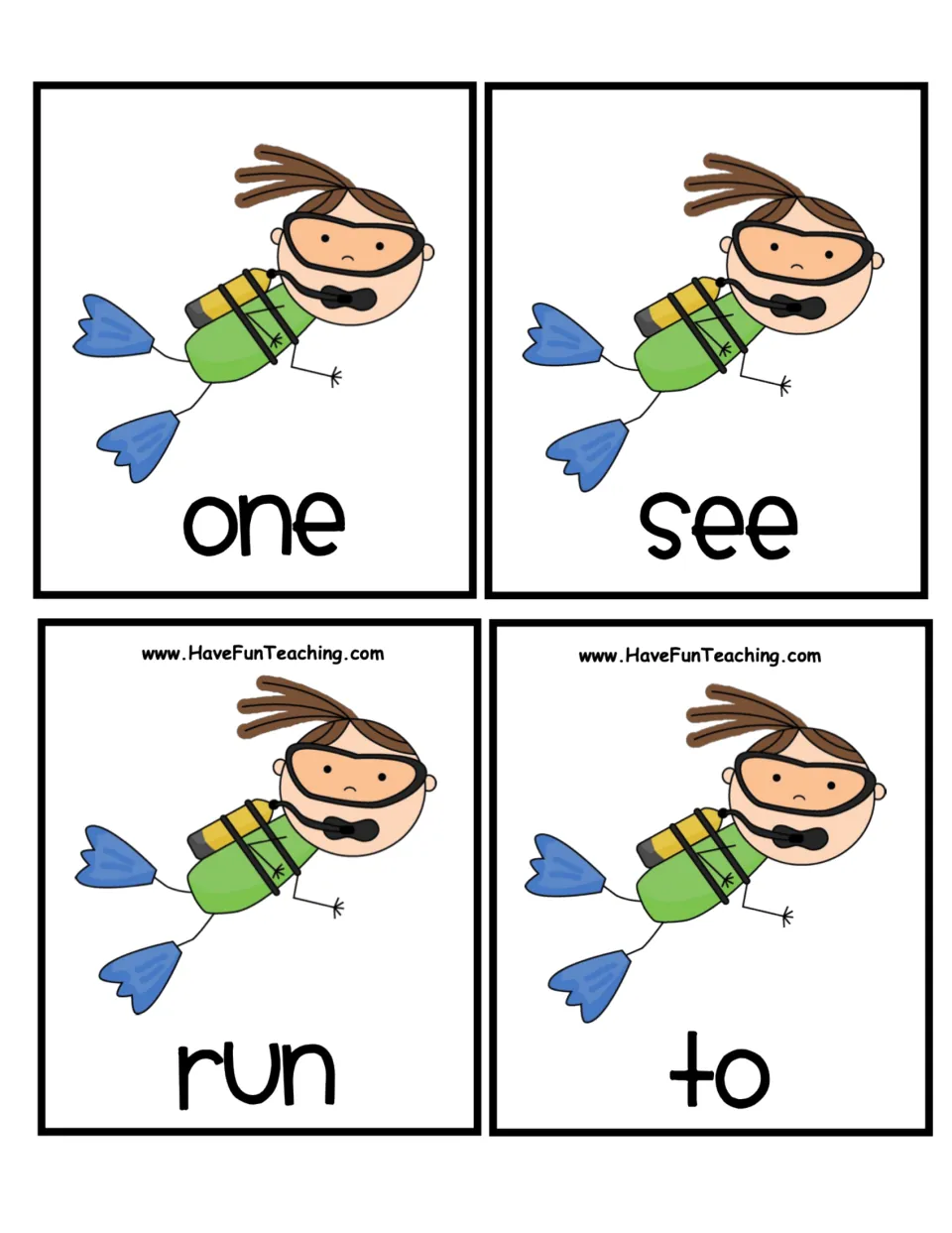 More scuba diver word cards: one, see, run and to, which students cut out and put in ABC order with the first set