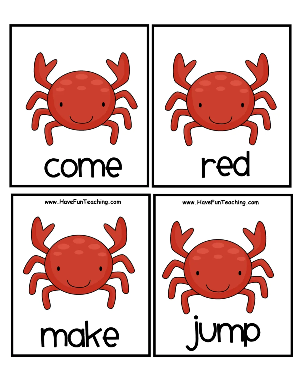 Red crab word cards for alphabetical order practice: come, red, make and jump, each printed under a smiling crab