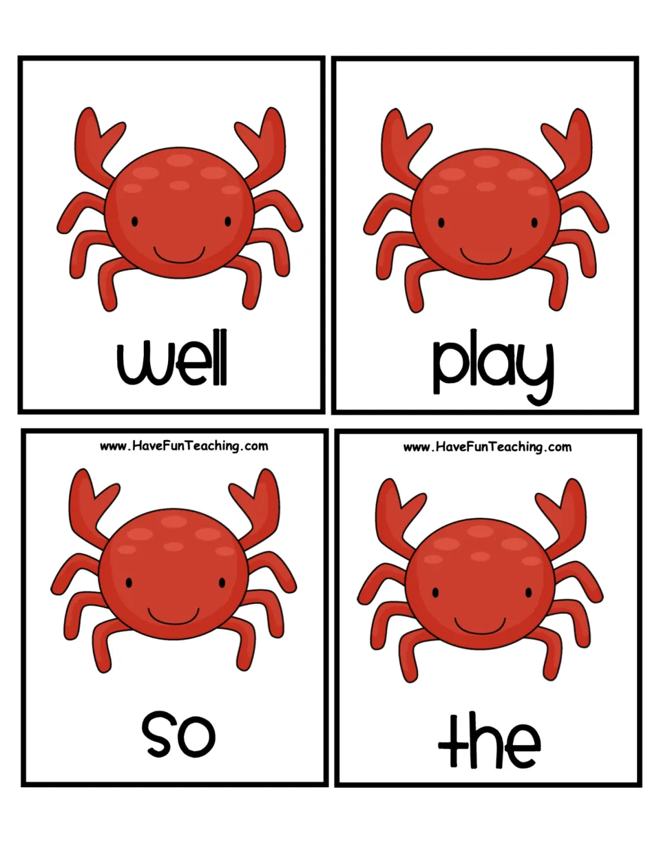 Second page of crab cards with the words well, play, so and the, for students to cut out and arrange by first letter