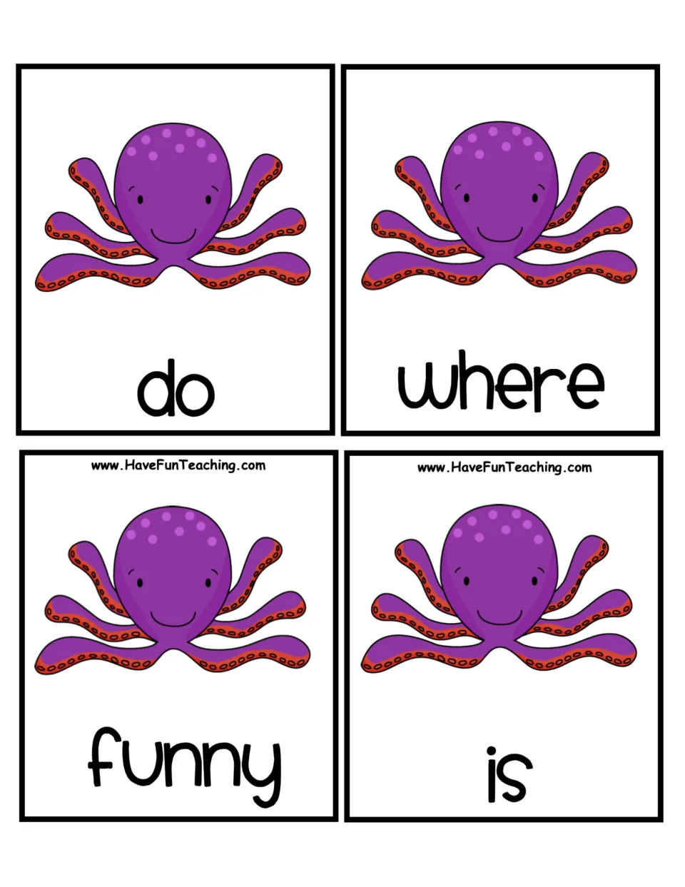 Purple octopus word cards for sorting by first letter: do, where, funny and is, each shown below a smiling octopus