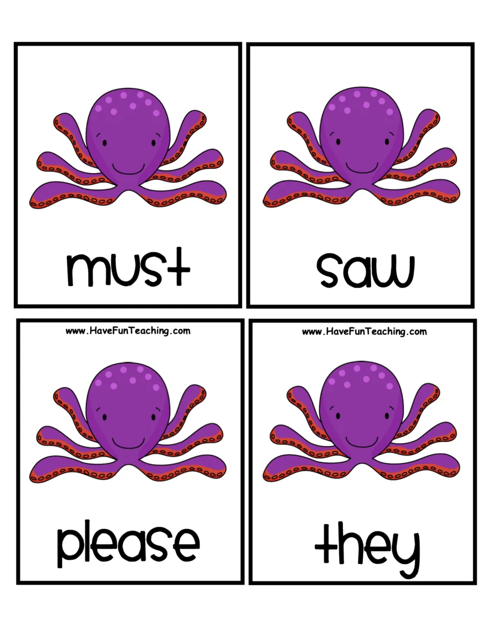 Final octopus cards with the words must, saw, please and they, to cut out and alphabetize with the other octopus words