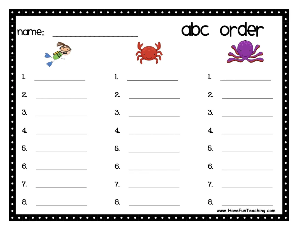 ABC order recording sheet: students write each set of eight words in order under the diver, crab and octopus