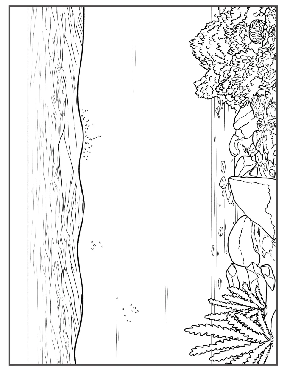 Rocky seafloor coloring scene, landscape: students color boulders, bushy coral and a fern-like sea plant under open water