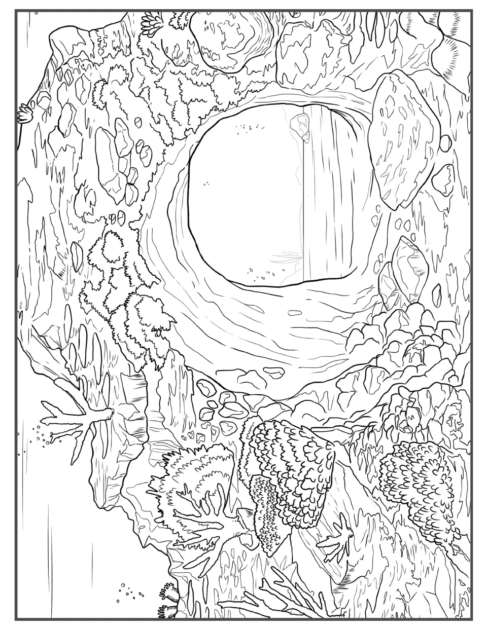 Underwater cave coloring page: students color a rocky arch opening to open water, framed by corals and stones