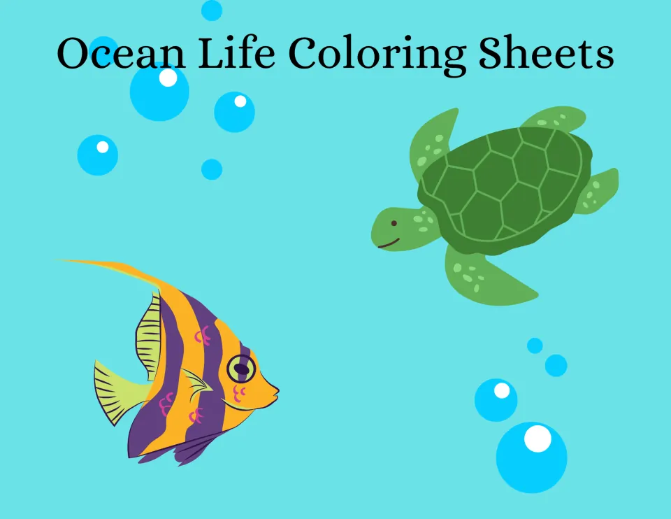 Ocean Life Coloring Sheets cover showing a striped purple and orange angelfish and a green sea turtle among blue bubbles